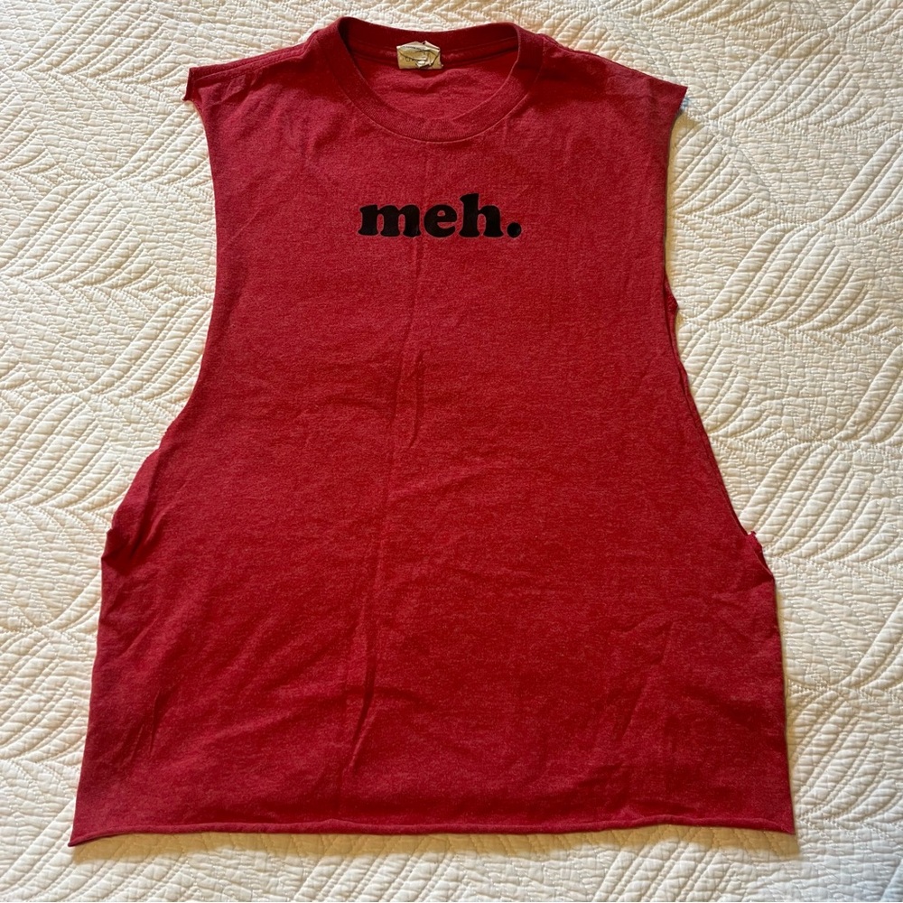 Red Sleeveless Top with 'meh.' Print